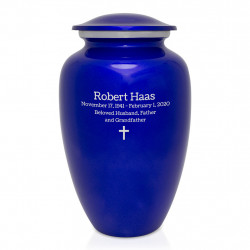 Blue cremation with custom engraving.