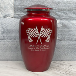 Customer Gallery - Race Checkered Flag Cremation Urn - Ruby Red